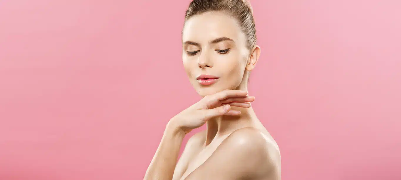 Beauty Concept Beautiful Caucasian Woman With Clean Skin Natural Make Up Isolated Bright Pink Background With Copy Space